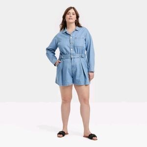 NWT Medium Wash Long Sleeve Denim Romper Size 14